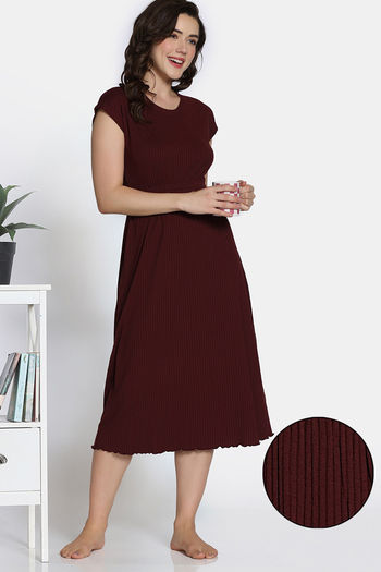 Buy Zivame 2 Mile Fashion Knit Poly Mid Calf Length Nightdress - Brown Stone